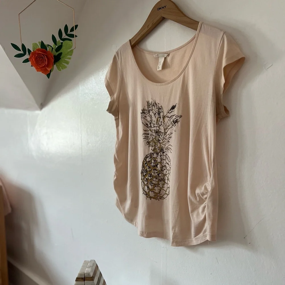 H&M Mama pineapple tshirt sz M maternity peachy pink cap sleeves cotton gold - Picture 6 of 8